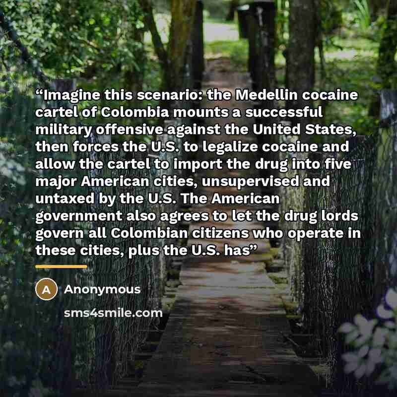 “Imagine this scenario: the Medellin cocaine cartel of Colombia mounts a successful military offensive against the United States, then forces the U.S. to legalize cocaine and allow the cartel to import the drug into five major American cities, unsupervised and untaxed by the U.S. The American…” quote by Anonymous