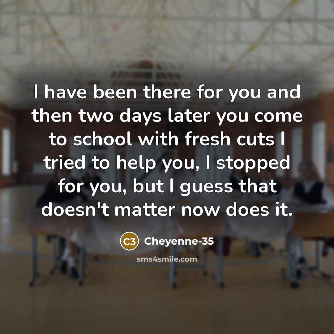 “I have been there for you and then two days later you come to school with fresh cuts I tried to help you, I stopped for you, but I guess that doesn't matter now does it.” quote by Cheyenne-35