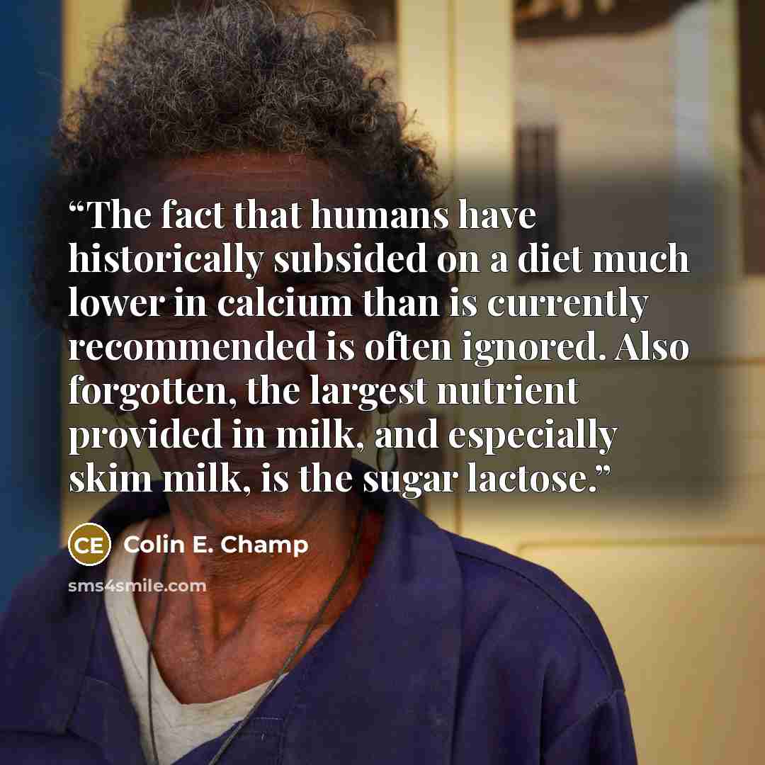 “The fact that humans have historically subsided on a diet much lower in calcium than is currently recommended is often ignored. Also forgotten, the largest nutrient provided in milk, and especially skim milk, is the sugar lactose.” quote by Colin E. Champ