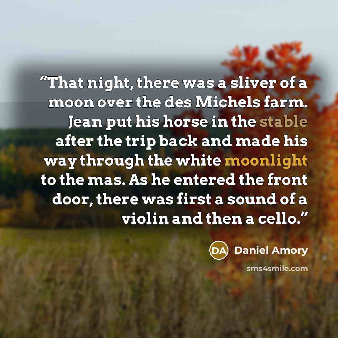“That night, there was a sliver of a moon over the des Michels farm. Jean put his horse in the stable after the trip back and made his way through the white moonlight to the mas. As he entered the front door, there was first a sound of a violin and then a cello.” quote by Daniel Amory