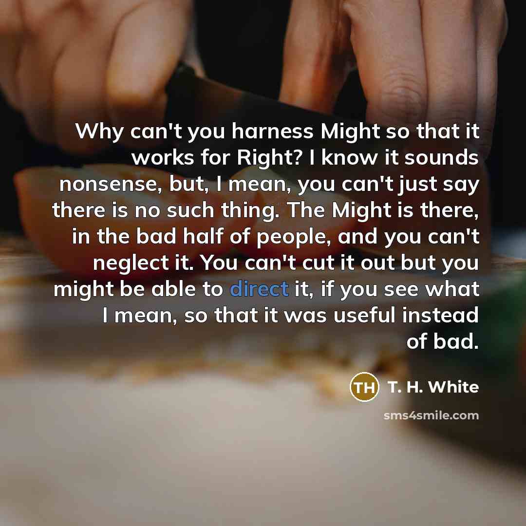 “Why can't you harness Might so that it works for Right? I know it sounds nonsense, but, I mean, you can't just say there is no such thing. The Might is there, in the bad half of people, and you can't neglect it. You can't cut it out but you might be able to direct it, if you see what I mean, so…” quote by T. H. White