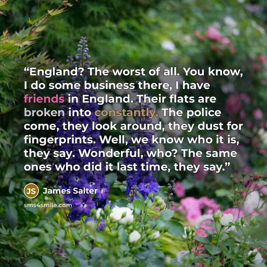 “England? The worst of all. You know, I do some business there, I have friends in England. Their flats are broken into constantly. The police come, they look around, they dust for fingerprints. Well, we know who it is, they say. Wonderful, who? The same ones who did it last time, they say.” quote by James Salter
