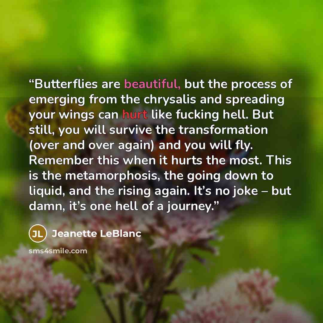 “Butterflies are beautiful, but the process of emerging from the chrysalis and spreading your wings can hurt like fucking hell. But still, you will survive the transformation (over and over again) and you will fly. Remember this when it hurts the most. This is the metamorphosis, the going down to…” quote by Jeanette LeBlanc