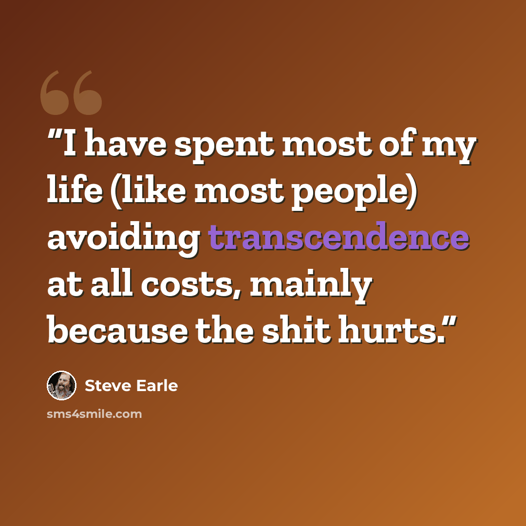 “I have spent most of my life (like most people) avoiding transcendence at all costs, mainly because the shit hurts.” quote by Steve Earle