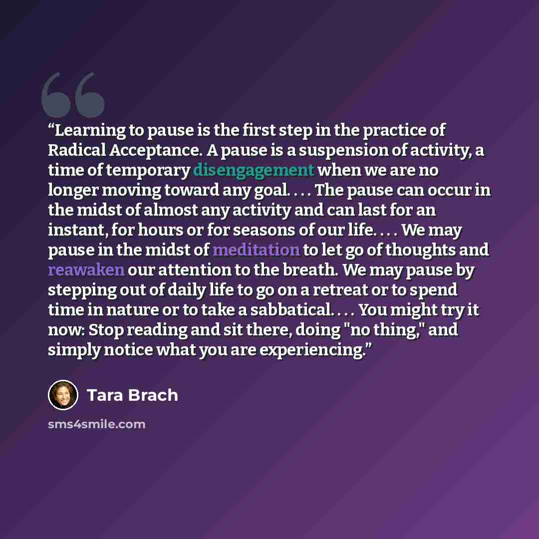 “Learning to pause is the first step in the practice of Radical Acceptance. A pause is a suspension of activity, a time of temporary disengagement when we are no longer moving toward any goal. . . . The pause can occur in the midst of almost any activity and can last for an instant, for hours or…” quote by Tara Brach