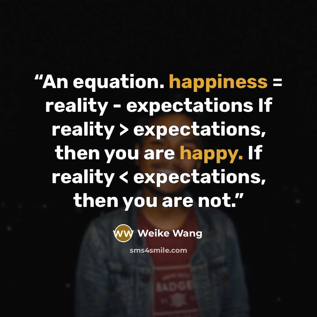 “An equation. happiness = reality - expectations If reality > expectations, then you are happy. If reality < expectations, then you are not.” quote by Weike Wang