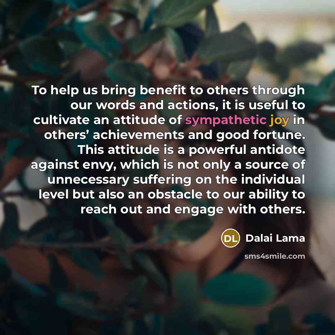 “To help us bring benefit to others through our words and actions, it is useful to cultivate an attitude of sympathetic joy in others’ achievements and good fortune. This attitude is a powerful antidote against envy, which is not only a source of unnecessary suffering on the individual level but…” quote by Dalai Lama