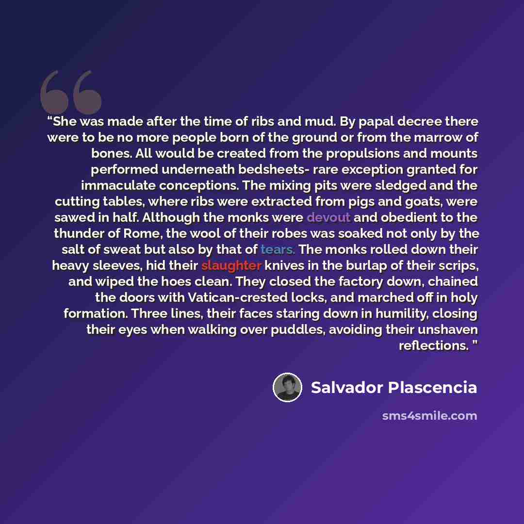 “She was made after the time of ribs and mud. By papal decree there were to be no more people born of the ground or from the marrow of bones. All would be created from the propulsions and mounts performed underneath bedsheets- rare exception granted for immaculate conceptions. The mixing pits were…” quote by Salvador Plascencia