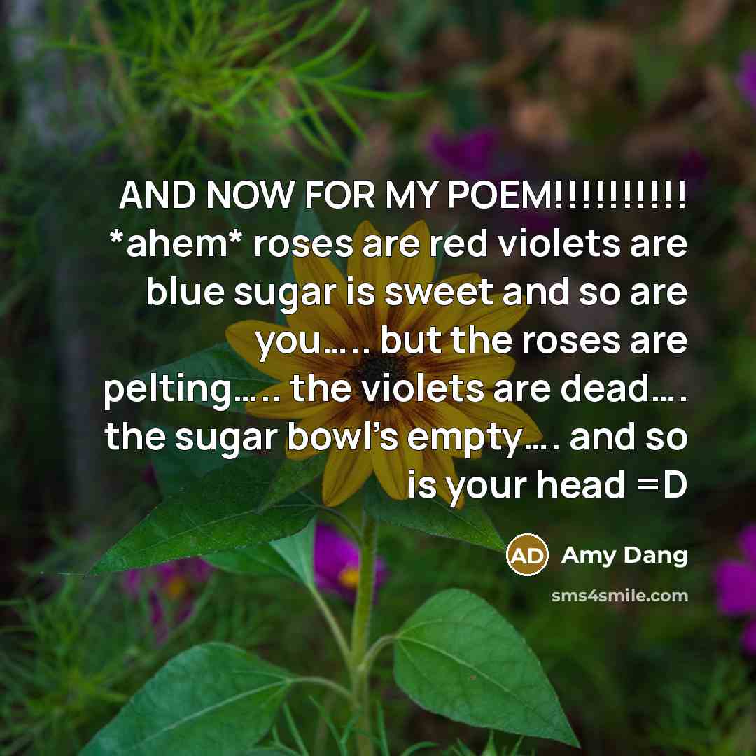 “AND NOW FOR MY POEM!!!!!!!!!! *ahem* roses are red violets are blue sugar is sweet and so are you….. but the roses are pelting….. the violets are dead…. the sugar bowl's empty…. and so is your head =D” quote by Amy Dang
