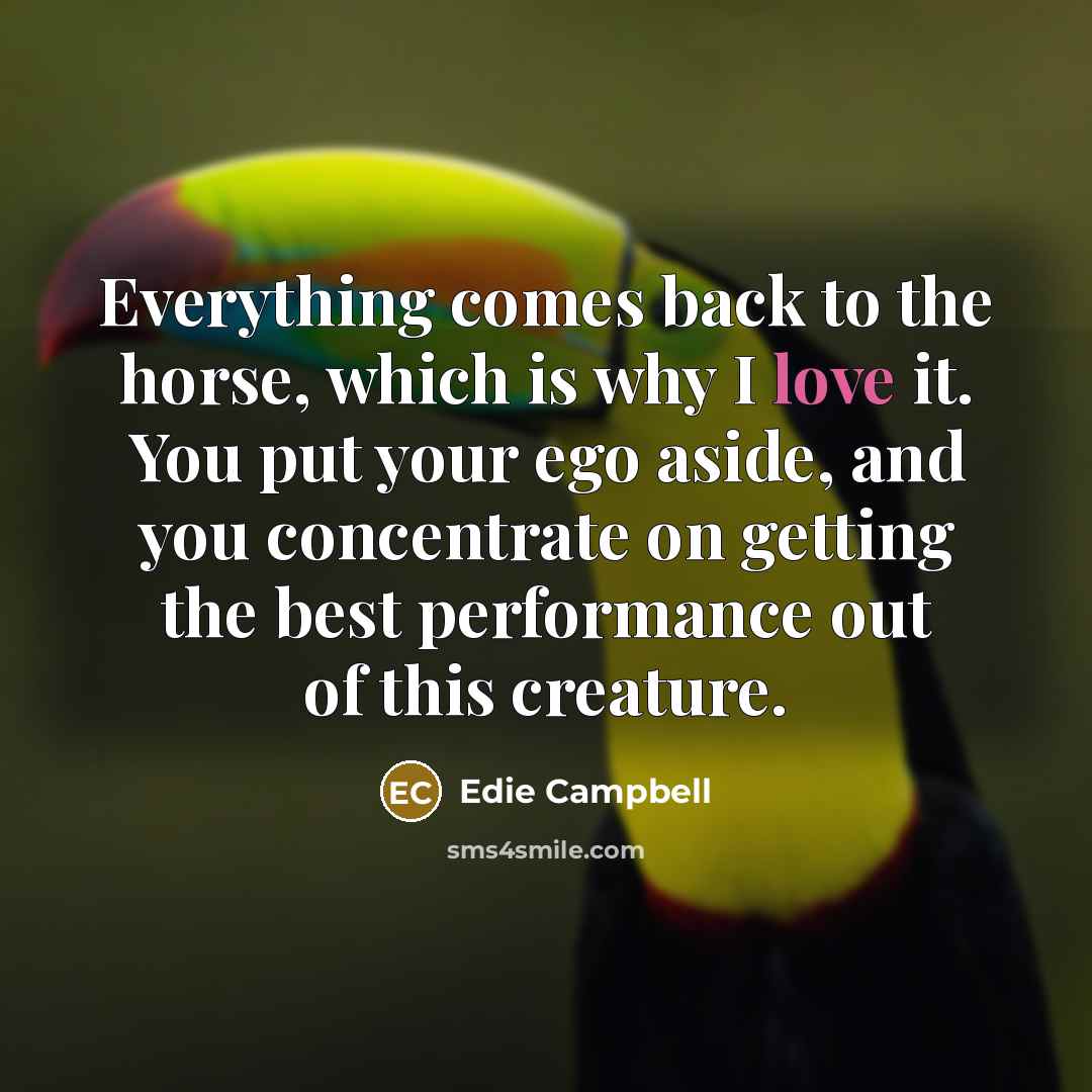 “Everything comes back to the horse, which is why I love it. You put your ego aside, and you concentrate on getting the best performance out of this creature.” quote by Edie Campbell
