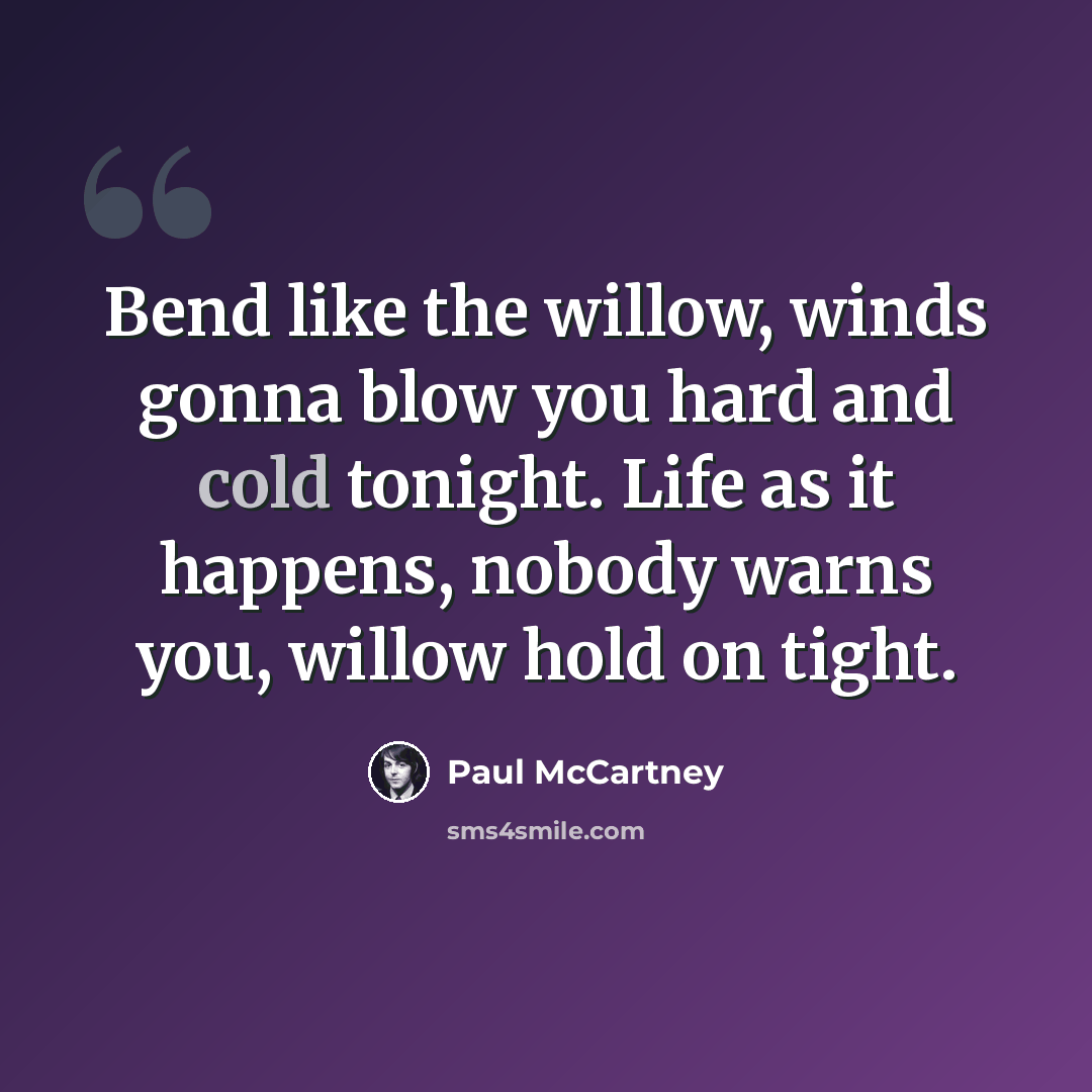 “Bend like the willow, winds gonna blow you hard and cold tonight. Life as it happens, nobody warns you, willow hold on tight.” quote by Paul McCartney