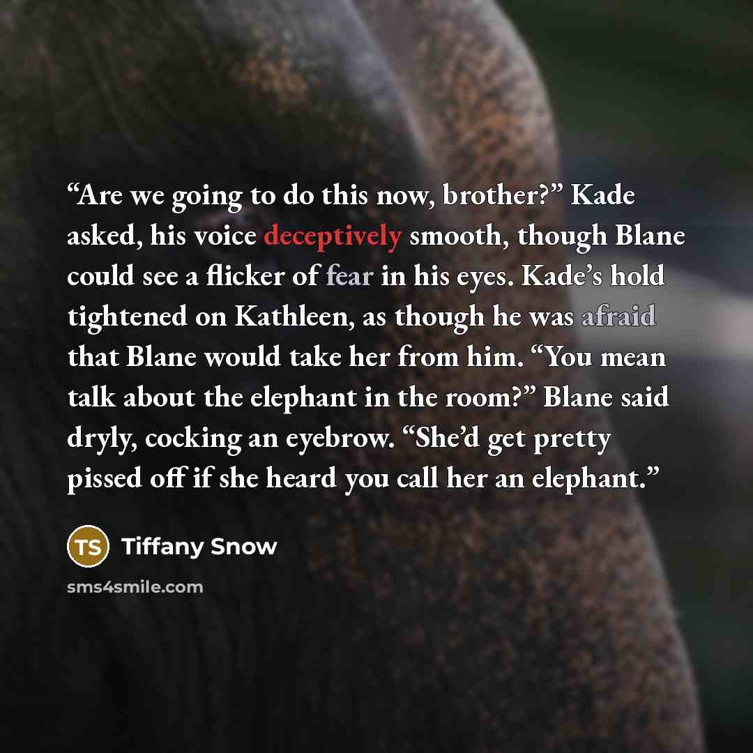 “Are we going to do this now, brother?” Kade asked, his voice deceptively smooth, though Blane could see a flicker of fear in his eyes. Kade’s hold tightened on Kathleen, as though he was afraid that Blane would take her from him. “You mean talk about the elephant in the room?” Blane said dryly…” quote by Tiffany Snow