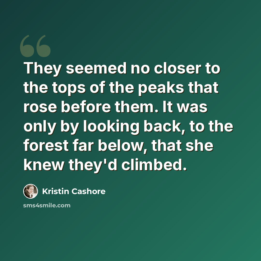 “They seemed no closer to the tops of the peaks that rose before them. It was only by looking back, to the forest far below, that she knew they'd climbed.” quote by Kristin Cashore