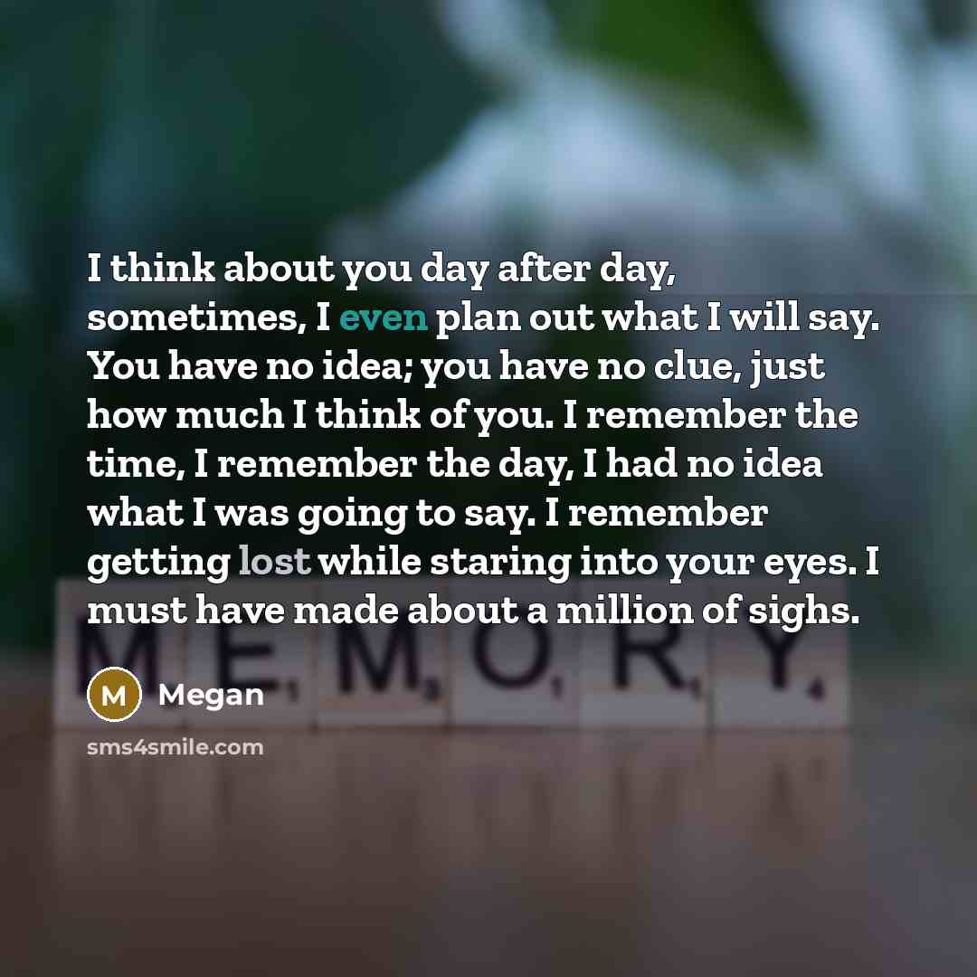 “I think about you day after day, sometimes, I even plan out what I will say. You have no idea; you have no clue, just how much I think of you. I remember the time, I remember the day, I had no idea what I was going to say. I remember getting lost while staring into your eyes. I must have made…” quote by Megan