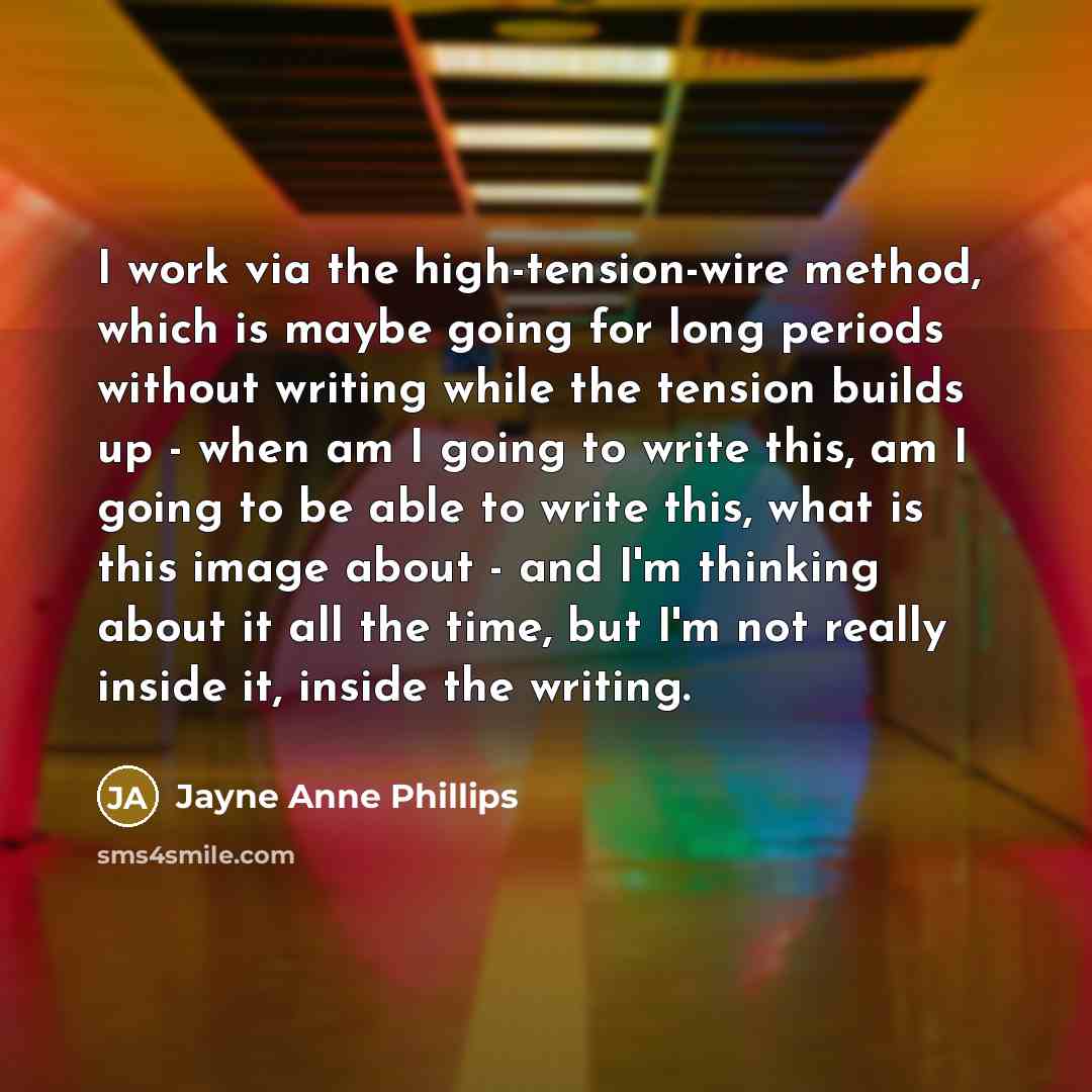 “I work via the high-tension-wire method, which is maybe going for long periods without writing while the tension builds up - when am I going to write this, am I going to be able to write this, what is this image about - and I'm thinking about it all the time, but I'm not really inside it, inside…” quote by Jayne Anne Phillips