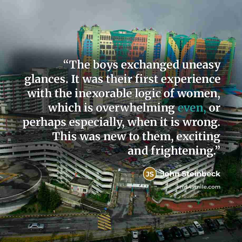 “The boys exchanged uneasy glances. It was their first experience with the inexorable logic of women, which is overwhelming even, or perhaps especially, when it is wrong. This was new to them, exciting and frightening.” quote by John Steinbeck