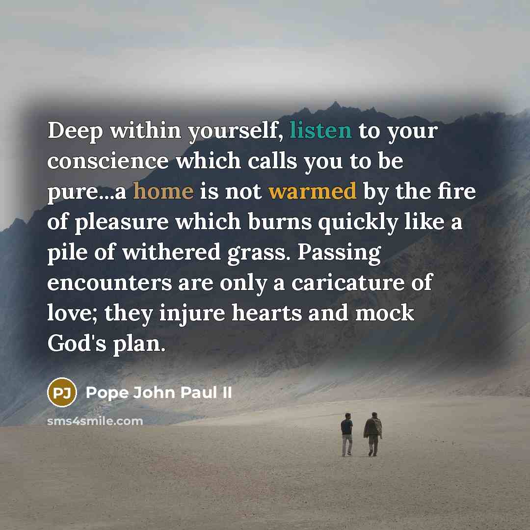 “Deep within yourself, listen to your conscience which calls you to be pure...a home is not warmed by the fire of pleasure which burns quickly like a pile of withered grass. Passing encounters are only a caricature of love; they injure hearts and mock God's plan.” quote by Pope John Paul II