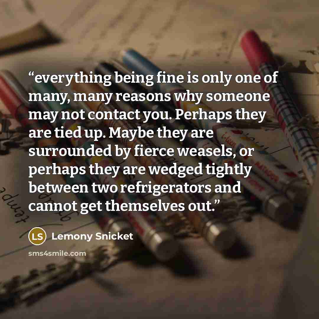 “everything being fine is only one of many, many reasons why someone may not contact you. Perhaps they are tied up. Maybe they are surrounded by fierce weasels, or perhaps they are wedged tightly between two refrigerators and cannot get themselves out.” quote by Lemony Snicket