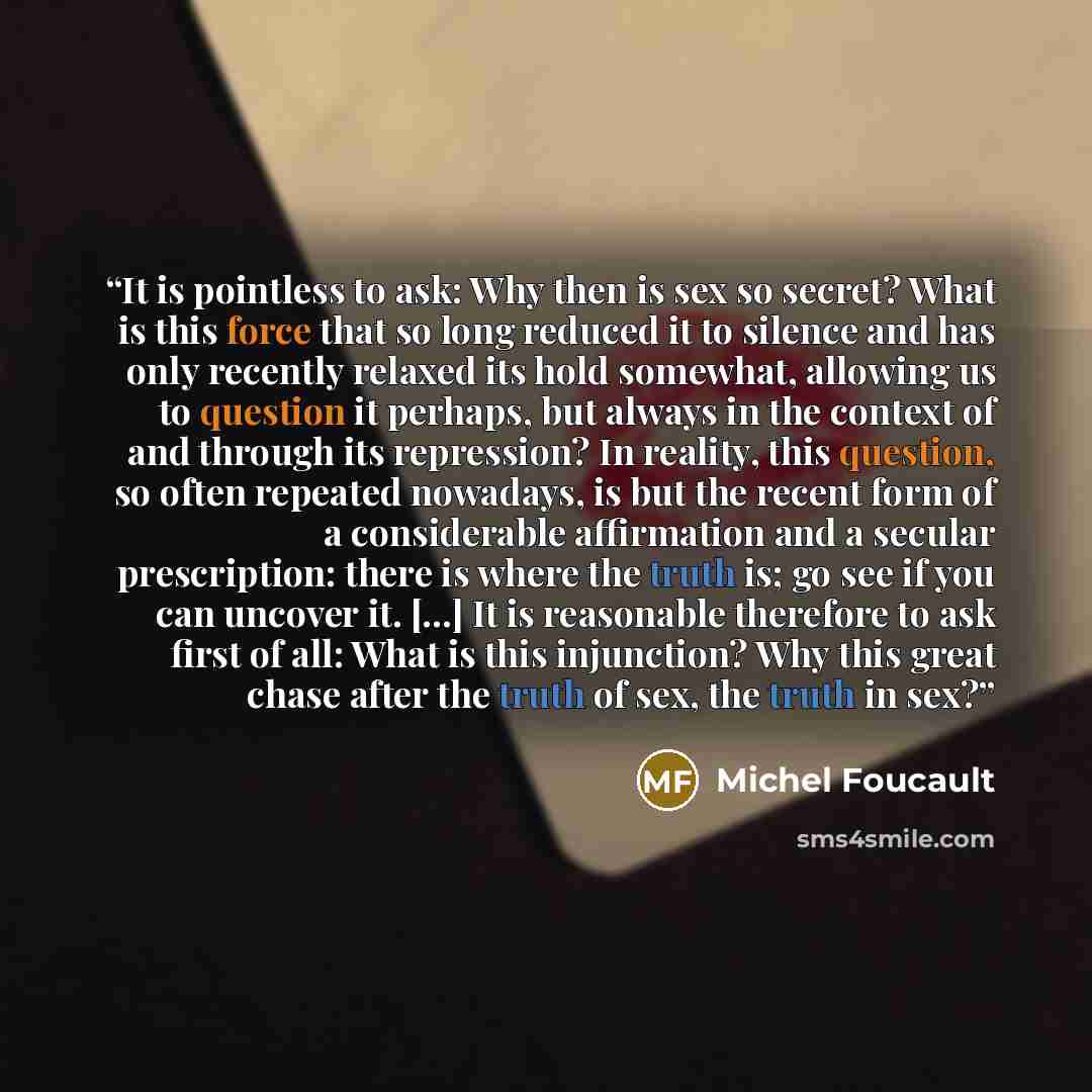“It is pointless to ask: Why then is sex so secret? What is this force that so long reduced it to silence and has only recently relaxed its hold somewhat, allowing us to question it perhaps, but always in the context of and through its repression? In reality, this question, so often repeated…” quote by Michel Foucault