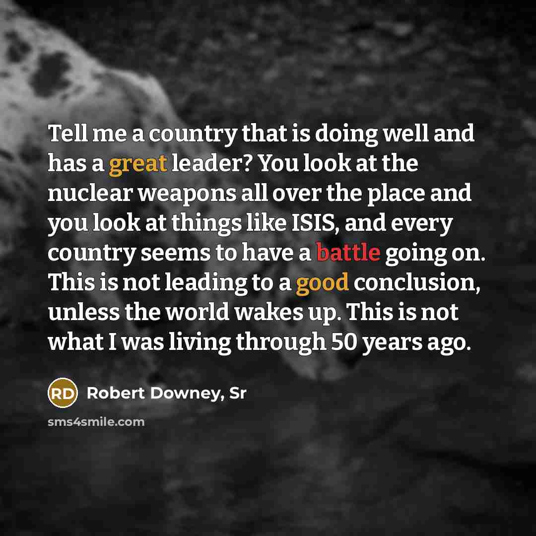 “Tell me a country that is doing well and has a great leader? You look at the nuclear weapons all over the place and you look at things like ISIS, and every country seems to have a battle going on. This is not leading to a good conclusion, unless the world wakes up. This is not what I was living…” quote by Robert Downey, Sr