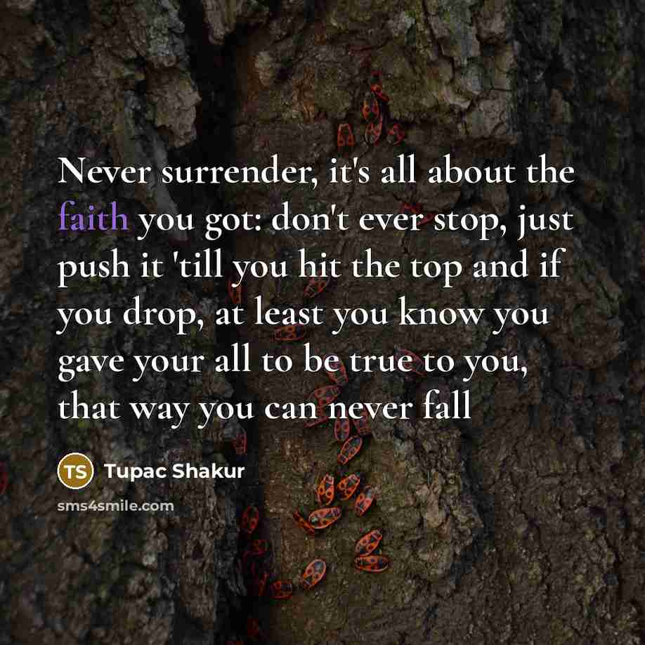 “Never surrender, it's all about the faith you got: don't ever stop, just push it 'till you hit the top and if you drop, at least you know you gave your all to be true to you, that way you can never fall” quote by Tupac Shakur