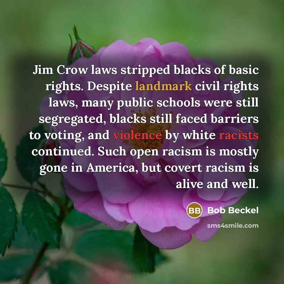 “Jim Crow laws stripped blacks of basic rights. Despite landmark civil rights laws, many public schools were still segregated, blacks still faced barriers to voting, and violence by white racists continued. Such open racism is mostly gone in America, but covert racism is alive and well.” quote by Bob Beckel