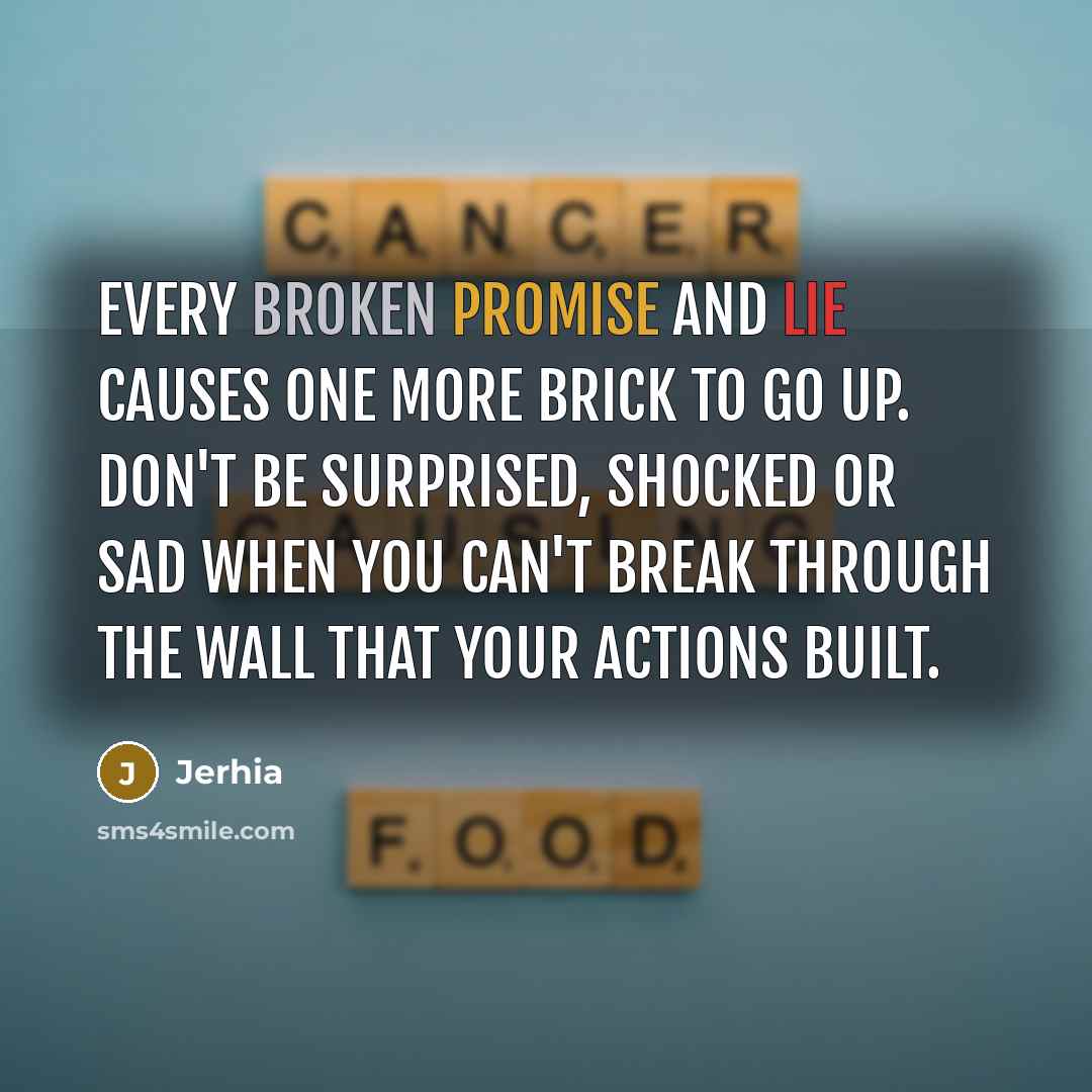 “Every broken promise and lie causes one more brick to go up. Don't be surprised, shocked or sad when you can't break through the wall that your actions built.” quote by Jerhia