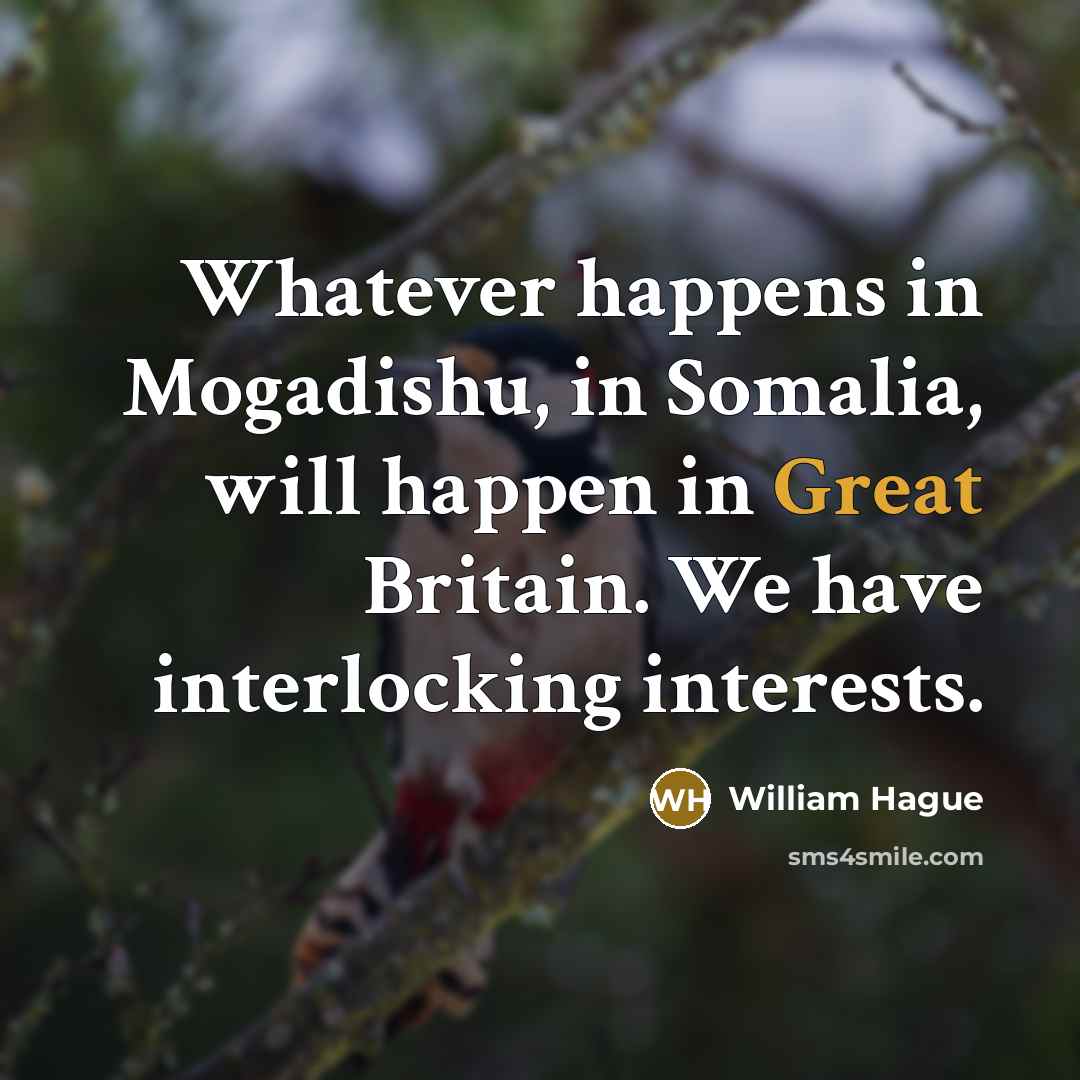 “Whatever happens in Mogadishu, in Somalia, will happen in Great Britain. We have interlocking interests.” quote by William Hague
