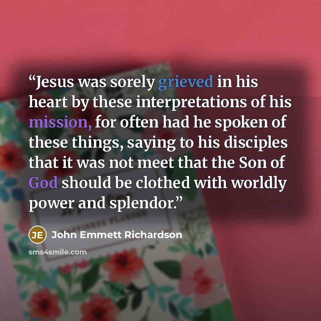 “Jesus was sorely grieved in his heart by these interpretations of his mission, for often had he spoken of these things, saying to his disciples that it was not meet that the Son of God should be clothed with worldly power and splendor.” quote by John Emmett Richardson