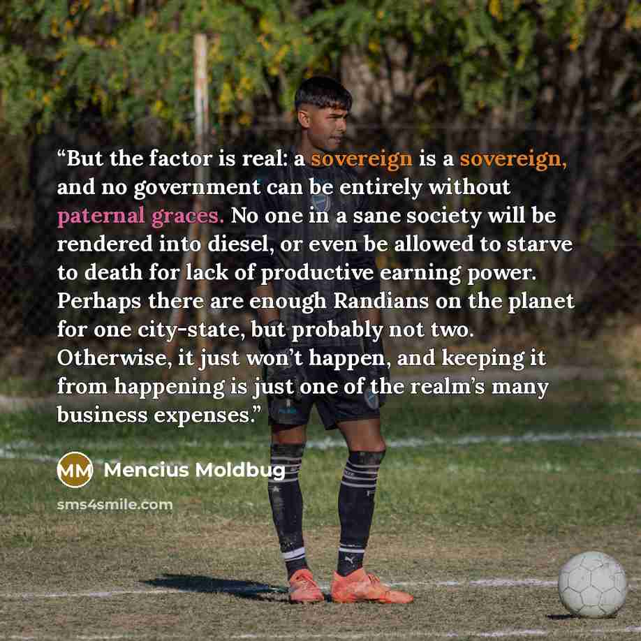 “But the factor is real: a sovereign is a sovereign, and no government can be entirely without paternal graces. No one in a sane society will be rendered into diesel, or even be allowed to starve to death for lack of productive earning power. Perhaps there are enough Randians on the planet for one…” quote by Mencius Moldbug
