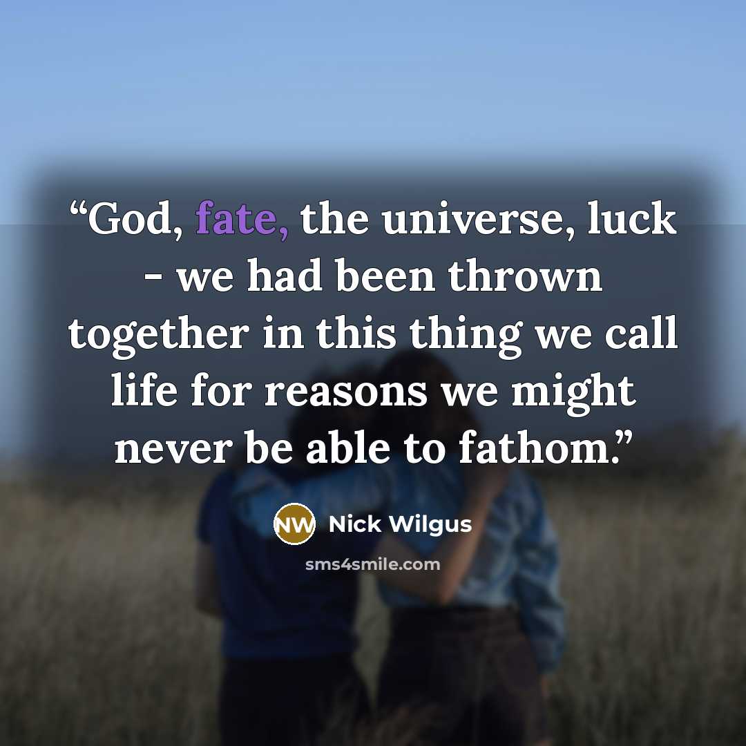 “God, fate, the universe, luck - we had been thrown together in this thing we call life for reasons we might never be able to fathom.” quote by Nick Wilgus