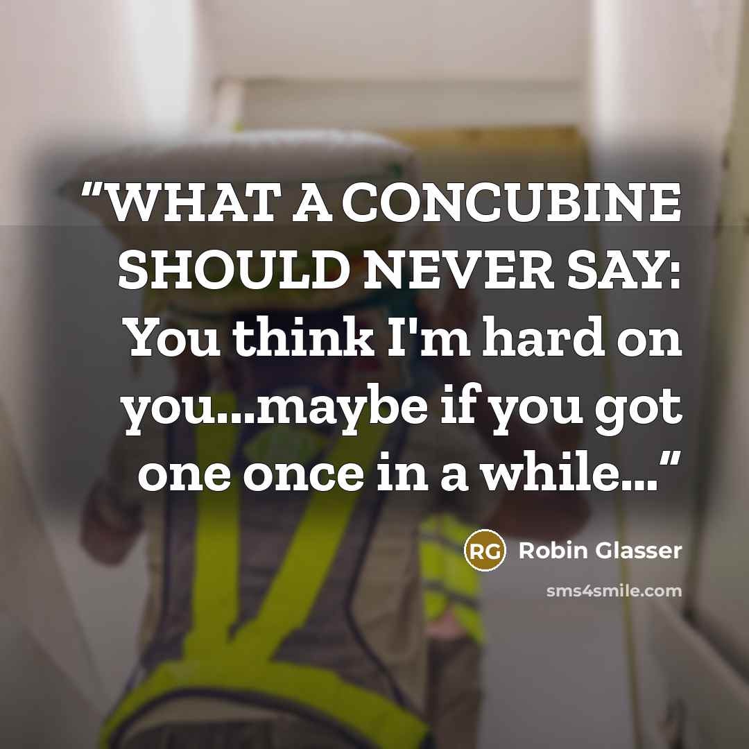 “WHAT A CONCUBINE SHOULD NEVER SAY: You think I'm hard on you...maybe if you got one once in a while…” quote by Robin Glasser