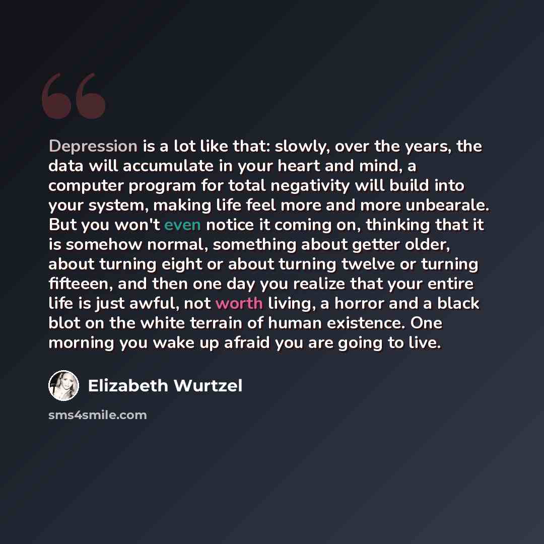 “Depression is a lot like that: slowly, over the years, the data will accumulate in your heart and mind, a computer program for total negativity will build into your system, making life feel more and more unbearale. But you won't even notice it coming on, thinking that it is somehow normal…” quote by Elizabeth Wurtzel