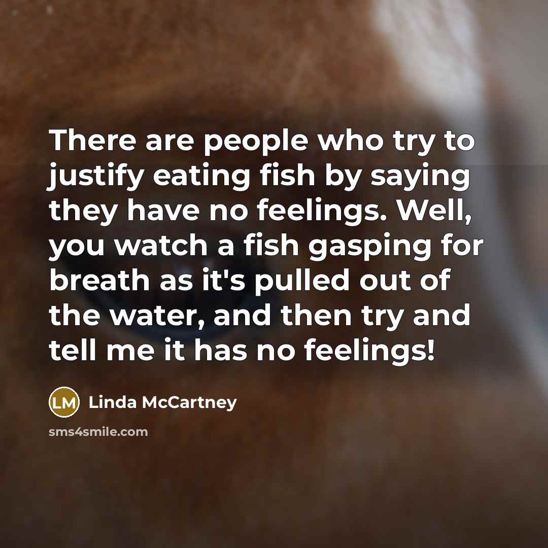 “There are people who try to justify eating fish by saying they have no feelings. Well, you watch a fish gasping for breath as it's pulled out of the water, and then try and tell me it has no feelings!” quote by Linda McCartney