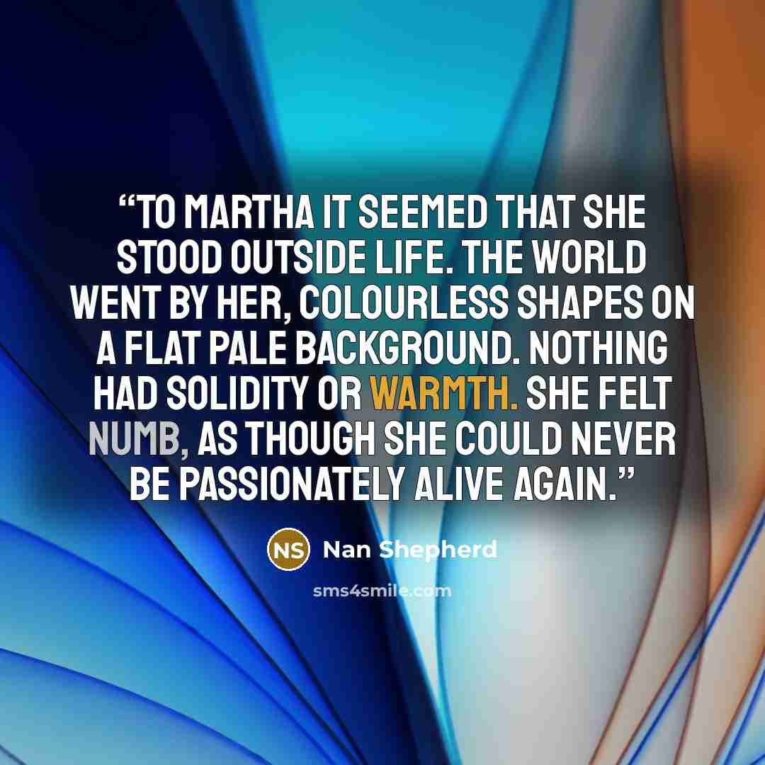 “To Martha it seemed that she stood outside life. The world went by her, colourless shapes on a flat pale background. Nothing had solidity or warmth. She felt numb, as though she could never be passionately alive again.” quote by Nan Shepherd