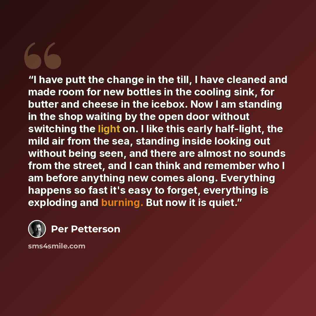 “I have putt the change in the till, I have cleaned and made room for new bottles in the cooling sink, for butter and cheese in the icebox. Now I am standing in the shop waiting by the open door without switching the light on. I like this early half-light, the mild air from the sea, standing inside…” quote by Per Petterson