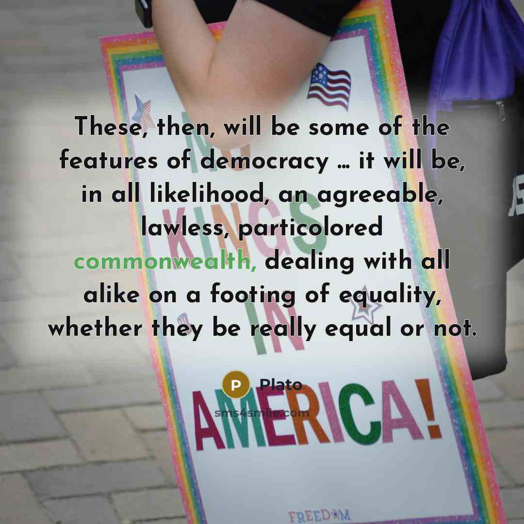 “These, then, will be some of the features of democracy ... it will be, in all likelihood, an agreeable, lawless, particolored commonwealth, dealing with all alike on a footing of equality, whether they be really equal or not.” quote by Plato