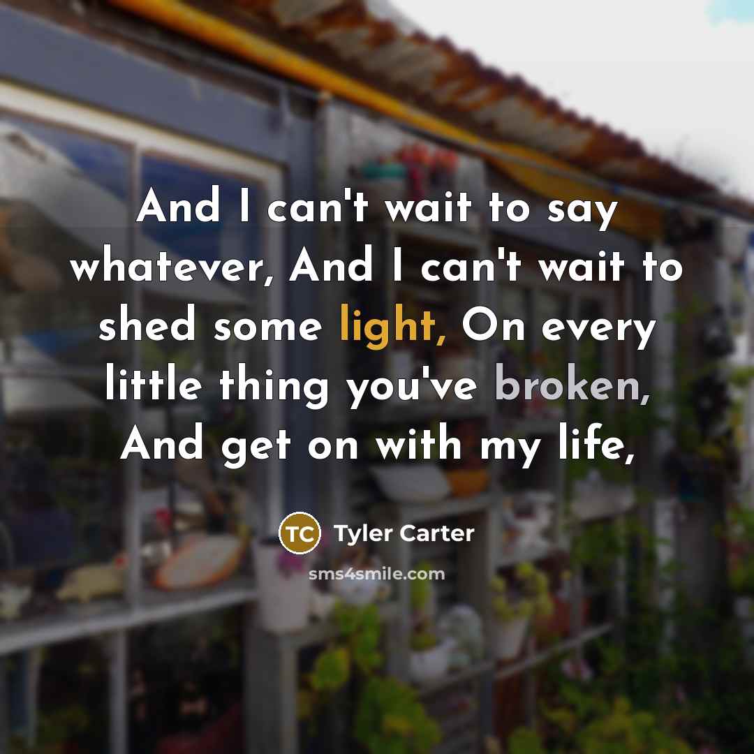 “And I can't wait to say whatever, And I can't wait to shed some light, On every little thing you've broken, And get on with my life,” quote by Tyler Carter