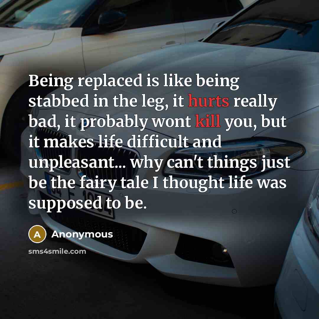 “Being replaced is like being stabbed in the leg, it hurts really bad, it probably wont kill you, but it makes life difficult and unpleasant... why can't things just be the fairy tale I thought life was supposed to be.” quote by Anonymous