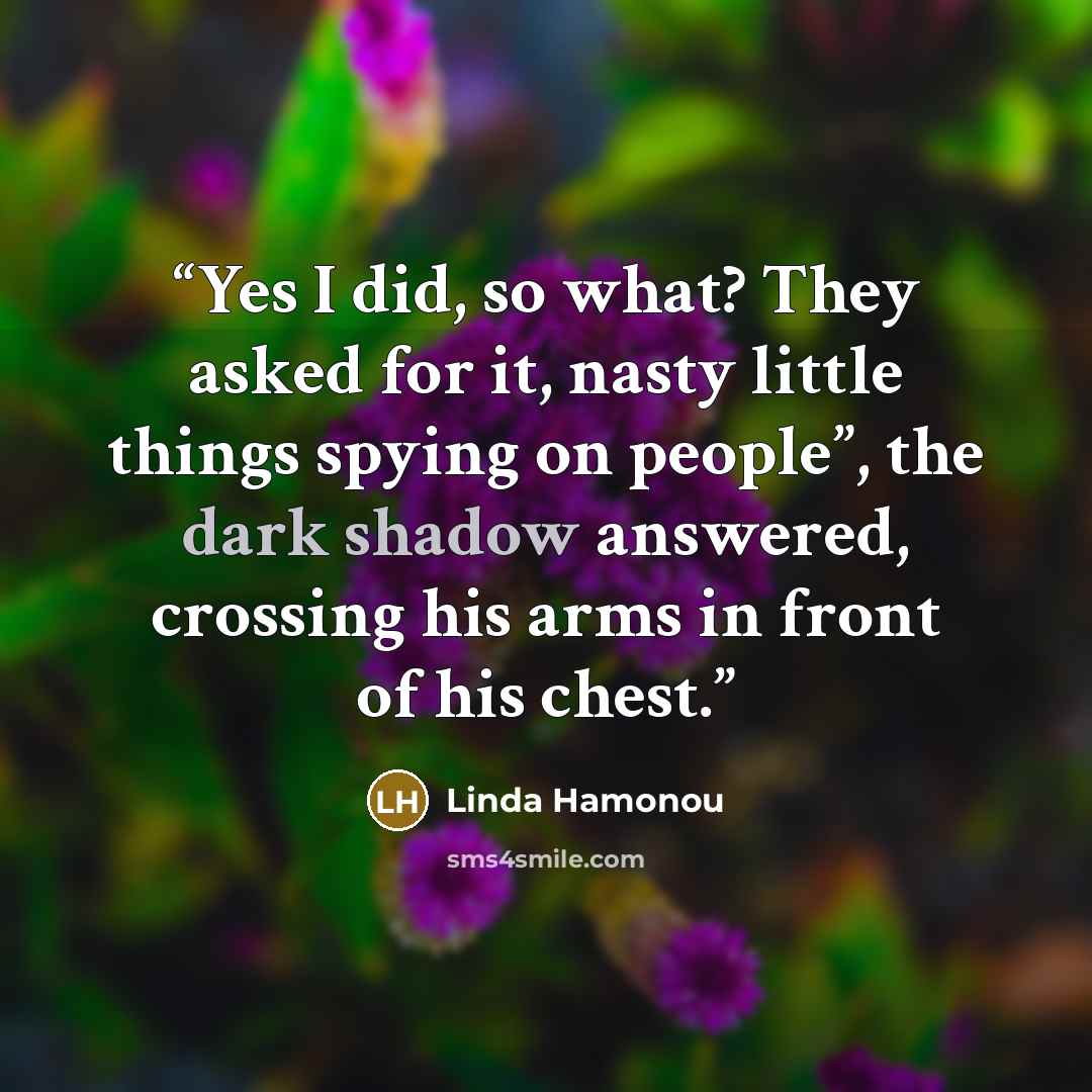 “Yes I did, so what? They asked for it, nasty little things spying on people”, the dark shadow answered, crossing his arms in front of his chest.” quote by Linda Hamonou