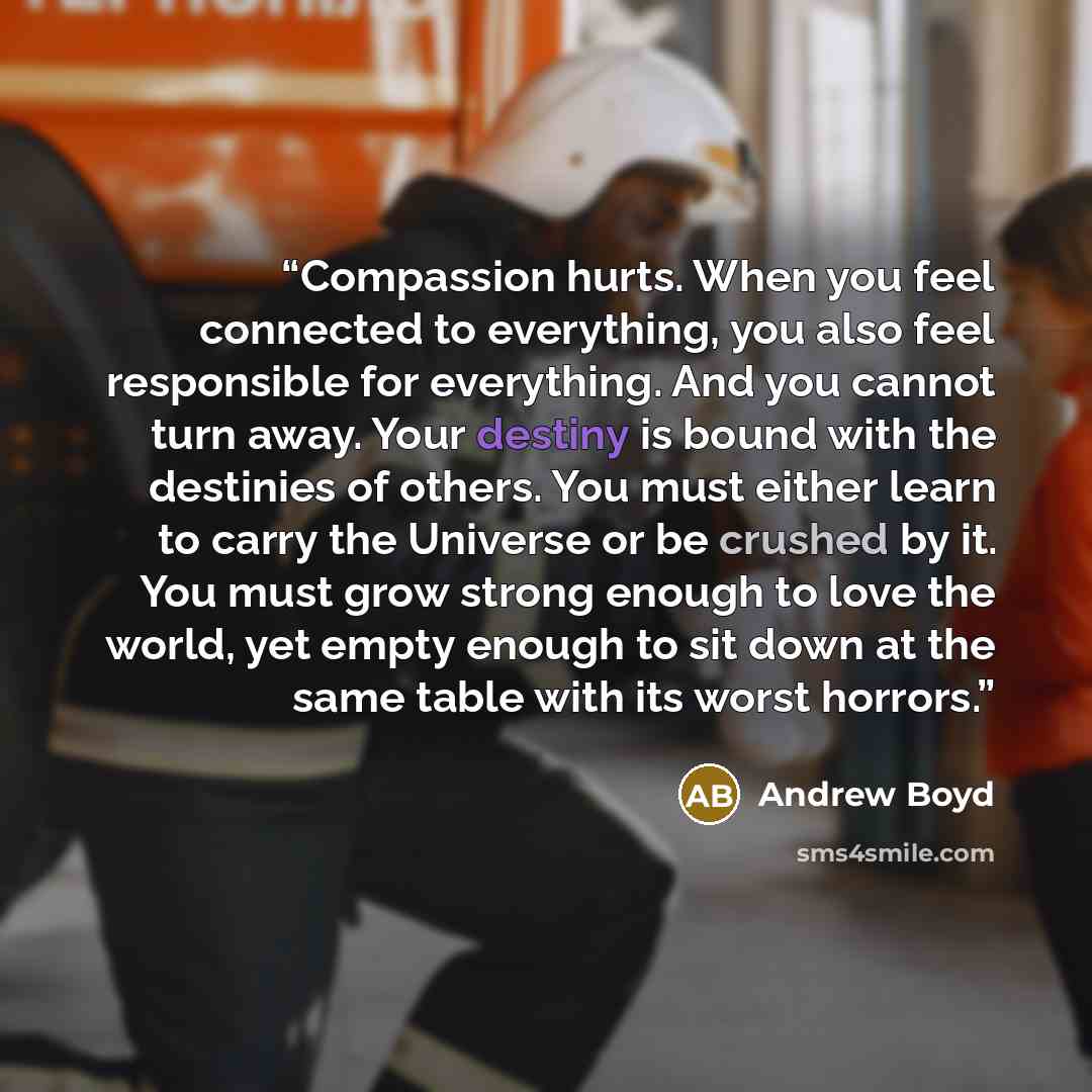 “Compassion hurts. When you feel connected to everything, you also feel responsible for everything. And you cannot turn away. Your destiny is bound with the destinies of others. You must either learn to carry the Universe or be crushed by it. You must grow strong enough to love the world, yet empty…” quote by Andrew Boyd