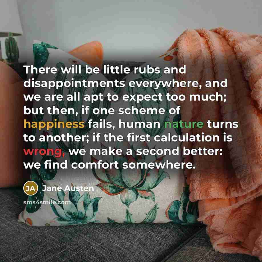 “There will be little rubs and disappointments everywhere, and we are all apt to expect too much; but then, if one scheme of happiness fails, human nature turns to another; if the first calculation is wrong, we make a second better: we find comfort somewhere.” quote by Jane Austen