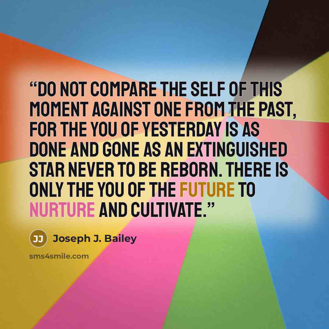 “Do not compare the self of this moment against one from the past, for the you of yesterday is as done and gone as an extinguished star never to be reborn. There is only the you of the future to nurture and cultivate.” quote by Joseph J. Bailey