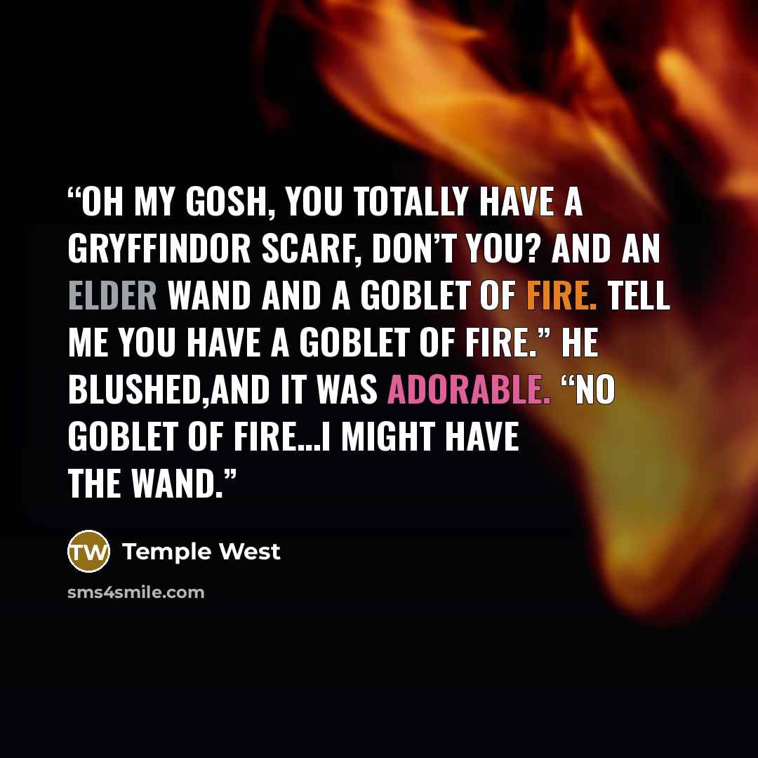 “Oh my gosh, you totally have a Gryffindor scarf, don’t you? And an Elder wand and a Goblet of Fire. Tell me you have a Goblet of Fire.” He blushed,and it was adorable. “No Goblet of Fire…I might have the wand.” quote by Temple West