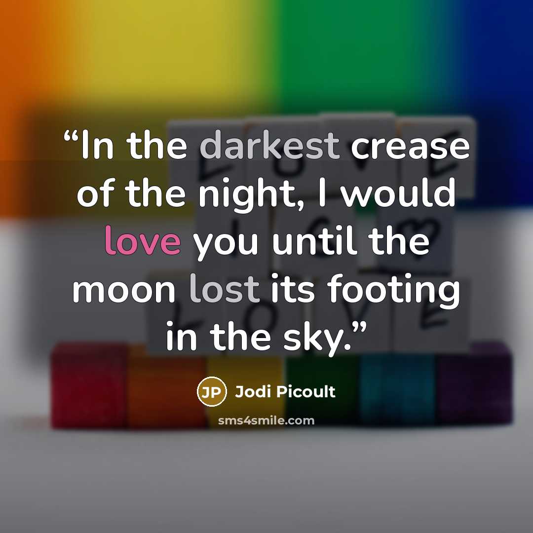 “In the darkest crease of the night, I would love you until the moon lost its footing in the sky.” quote by Jodi Picoult