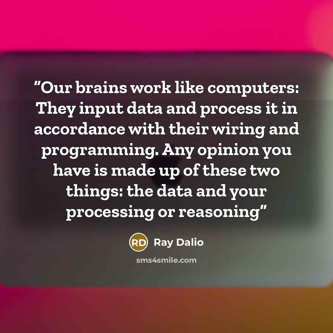 “Our brains work like computers: They input data and process it in accordance with their wiring and programming. Any opinion you have is made up of these two things: the data and your processing or reasoning” quote by Ray Dalio