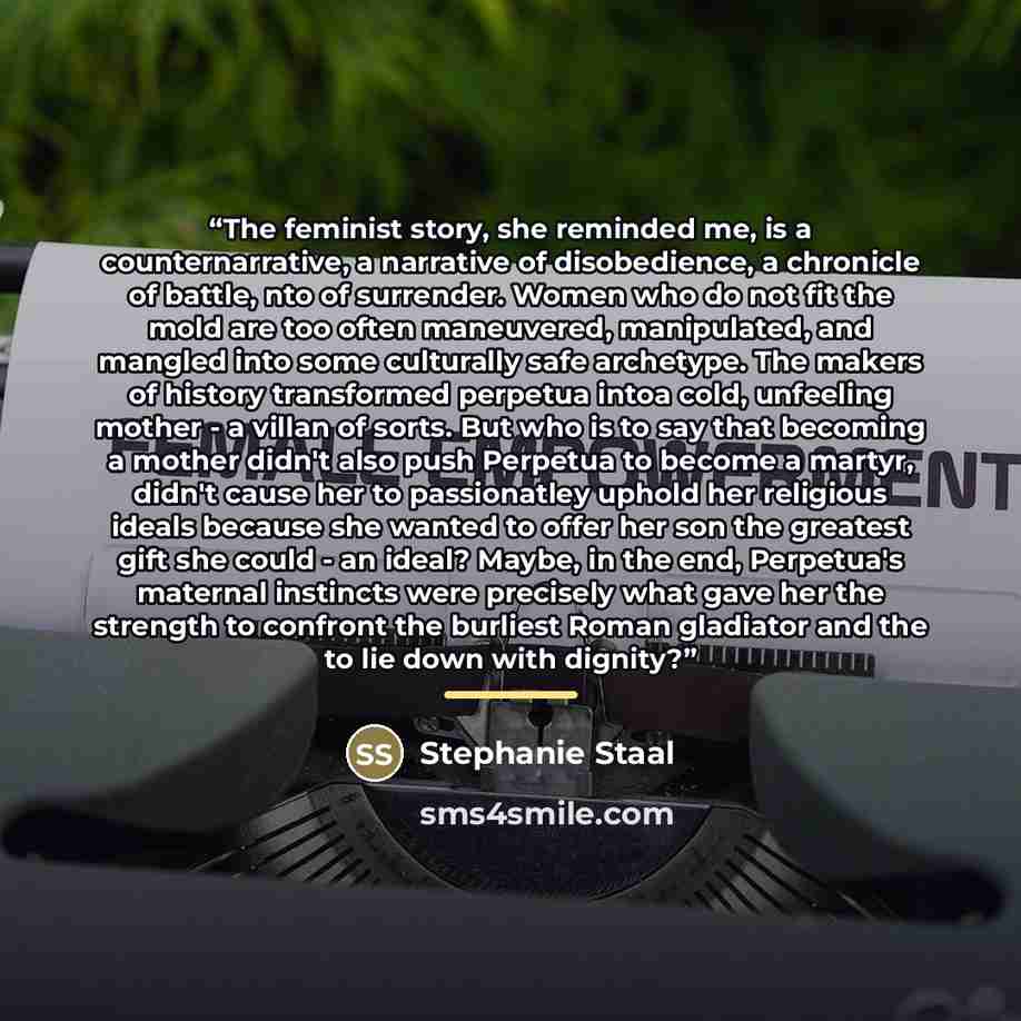 “The feminist story, she reminded me, is a counternarrative, a narrative of disobedience, a chronicle of battle, nto of surrender. Women who do not fit the mold are too often maneuvered, manipulated, and mangled into some culturally safe archetype. The makers of history transformed perpetua intoa…” quote by Stephanie Staal