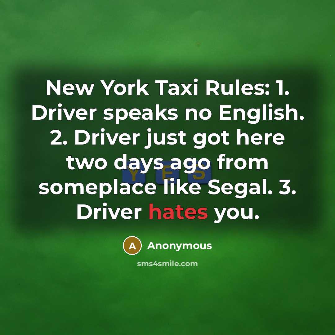 “New York Taxi Rules: 1. Driver speaks no English. 2. Driver just got here two days ago from someplace like Segal. 3. Driver hates you.” quote by Anonymous