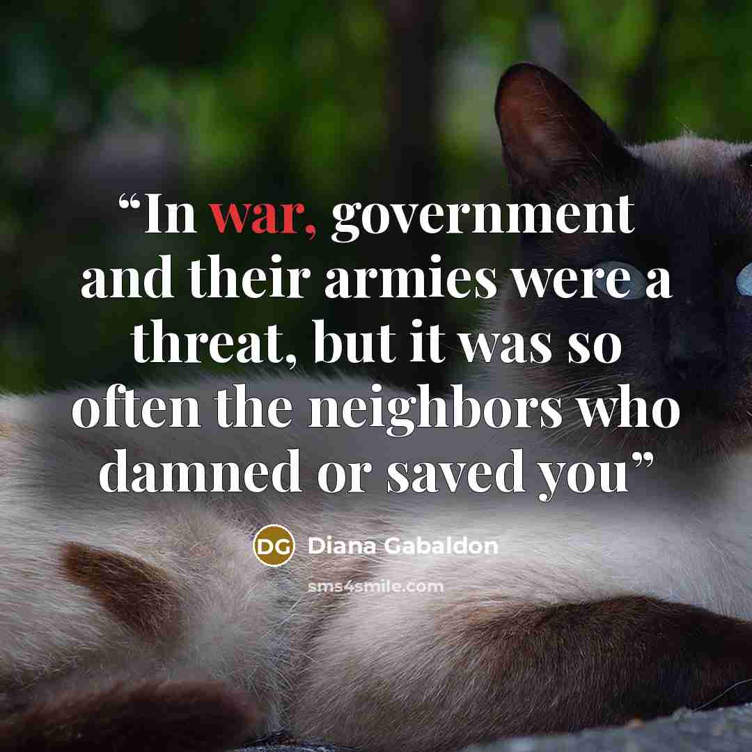 “In war, government and their armies were a threat, but it was so often the neighbors who damned or saved you” quote by Diana Gabaldon