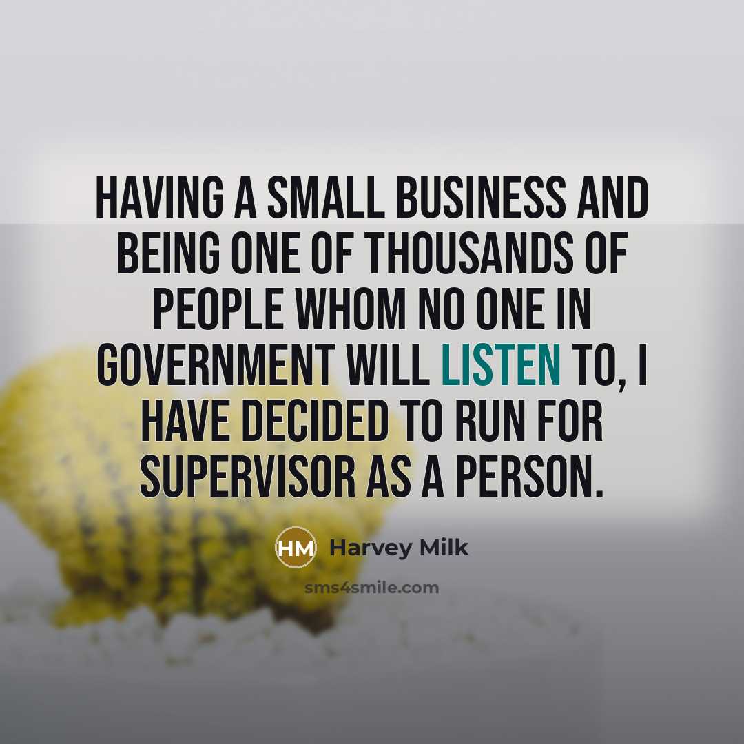 “Having a small business and being one of thousands of people whom no one in government will listen to, I have decided to run for supervisor as a person.” quote by Harvey Milk